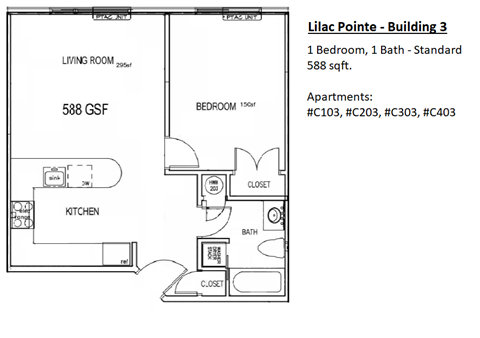 Floor plan for 1 bed, 1 bath, 525 sqft